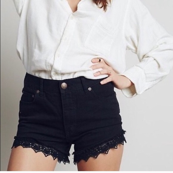 Free People Pants - FREE PEOPLE • Black Crochet Lace Trim Jean Shorts